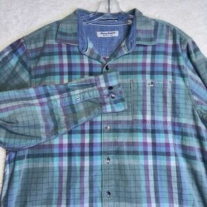 Tommy Bahama Coastline Cord Mens Large Plaid Corduroy Button Down Shirt Teal Blu